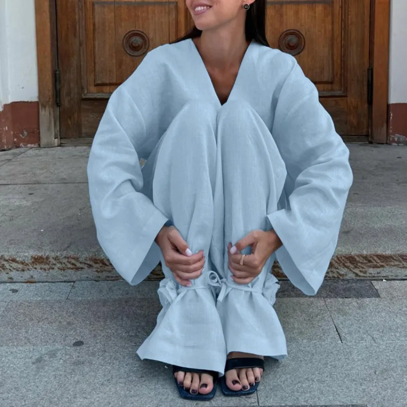 Elegantes Damen-Leinen-2-Teiler-Set: Wickeloberteil mit V-Ausschnitt + lockere Hose, Neu 2026, Lässige Sommer-Strandkleidung mit Blumendekor – Detail 10