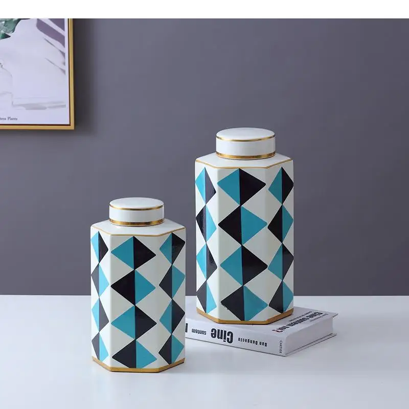 Painted Checkered Pattern Gilded Ceramic Jar Hexagonal Bottle Storage Jars with Lids Desk Decoration Tea Caddy Candy Pots