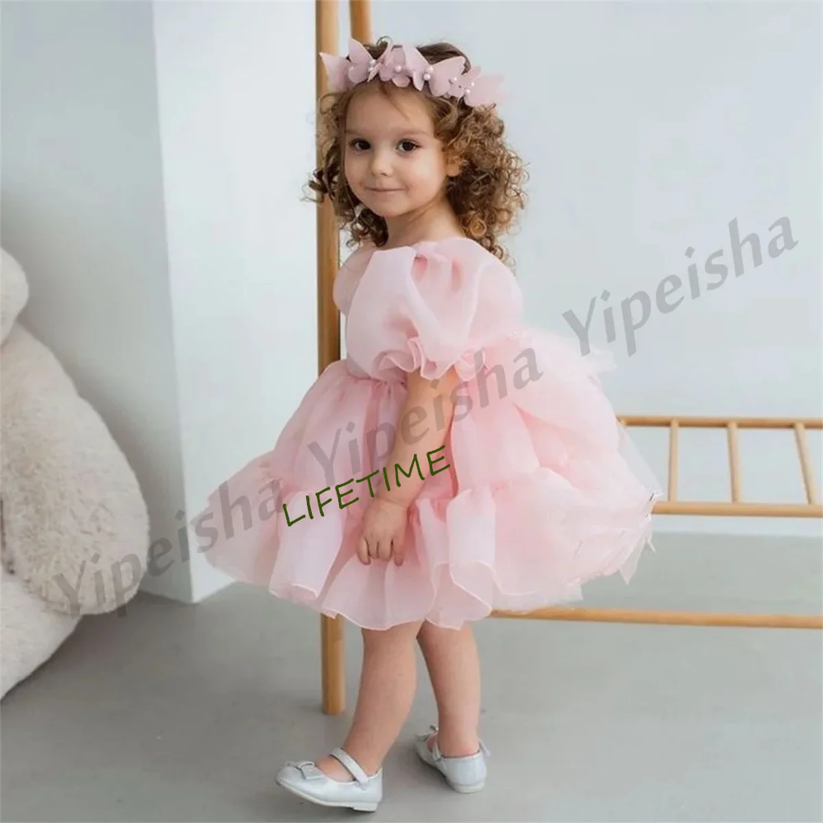 

Cute Baby Girl Organza Flower Dress Princess Party Gown Short Sleeves O Neck Puffy Birthday Communion Dresses for Christmas