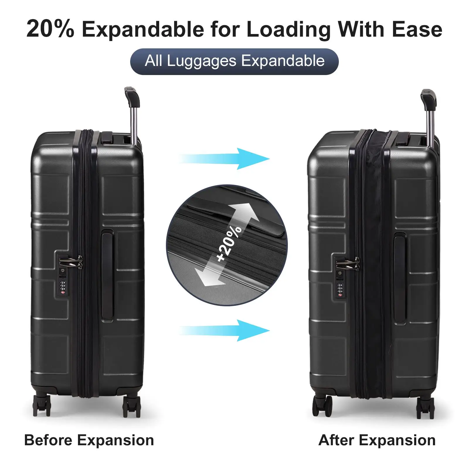 3-Piece Expandable Luggage Set with TSA Lock - PC+ABS Hardshell Spinner Suitcases