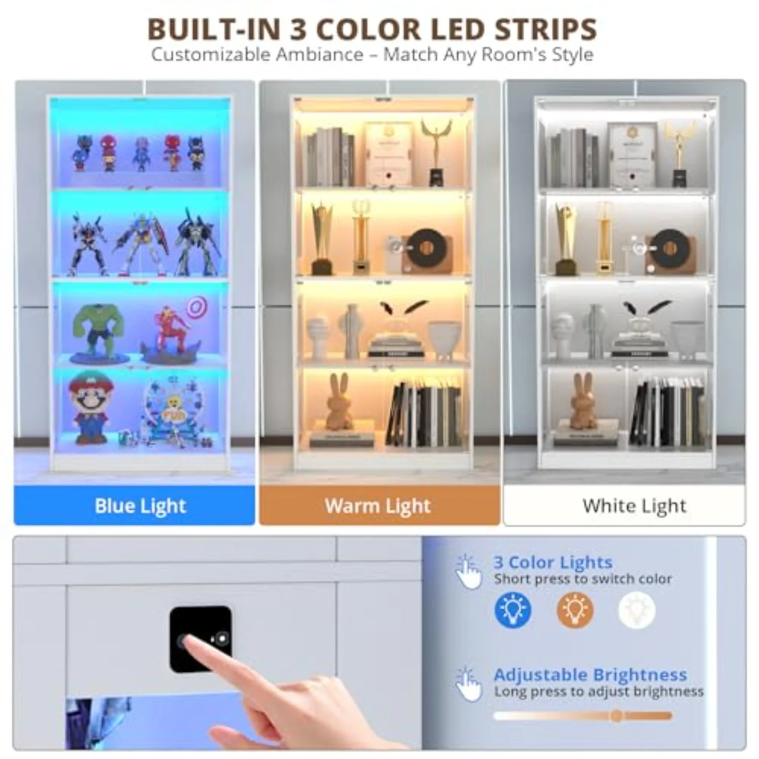 65'' Display Cabinet with Glass Door 4-Tier Display Case | Human Body Sensor, 3 Color LED Lighting, Curio Cabinet for view 4