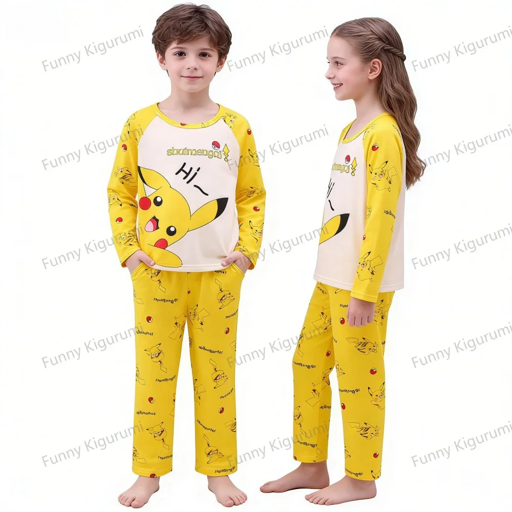 Children's Pyjamas Pikachu Set Kids Sleepers Boys Girls Cartoon Long Sleeve Sleepwear 3-14T Teenage Home Clothes Pajama Pijama