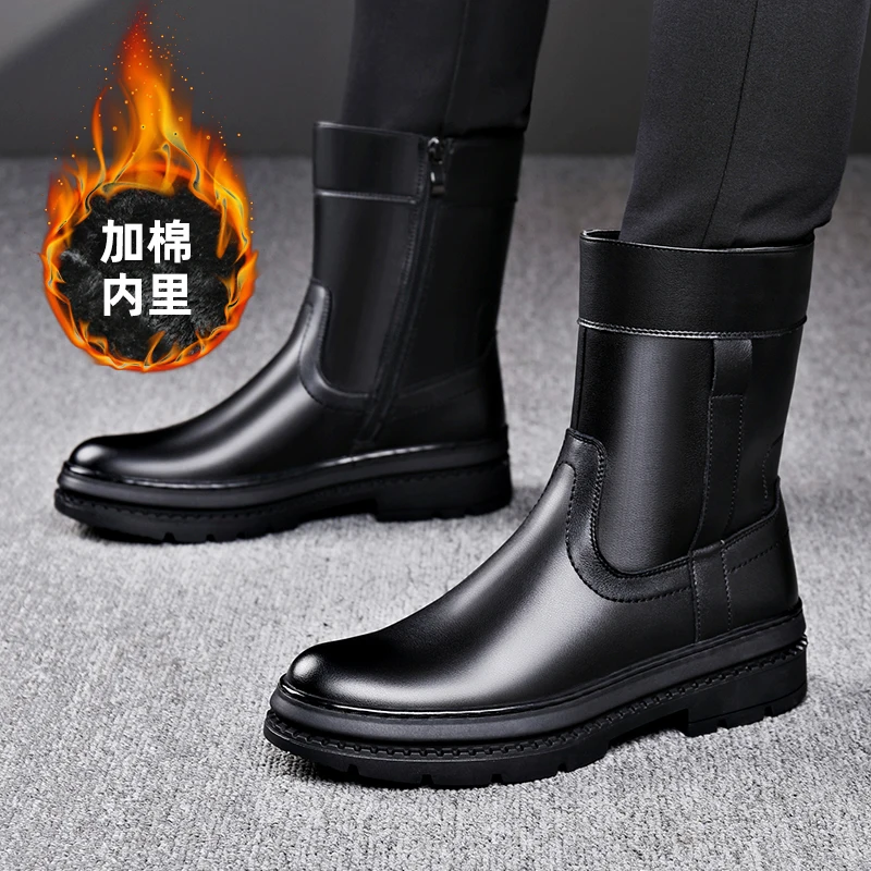 

2025 New British Chelsea Boots Men's Leather Velvet Heightened Side Zipper Soft Bottom High Top Business Leather Medium Tube