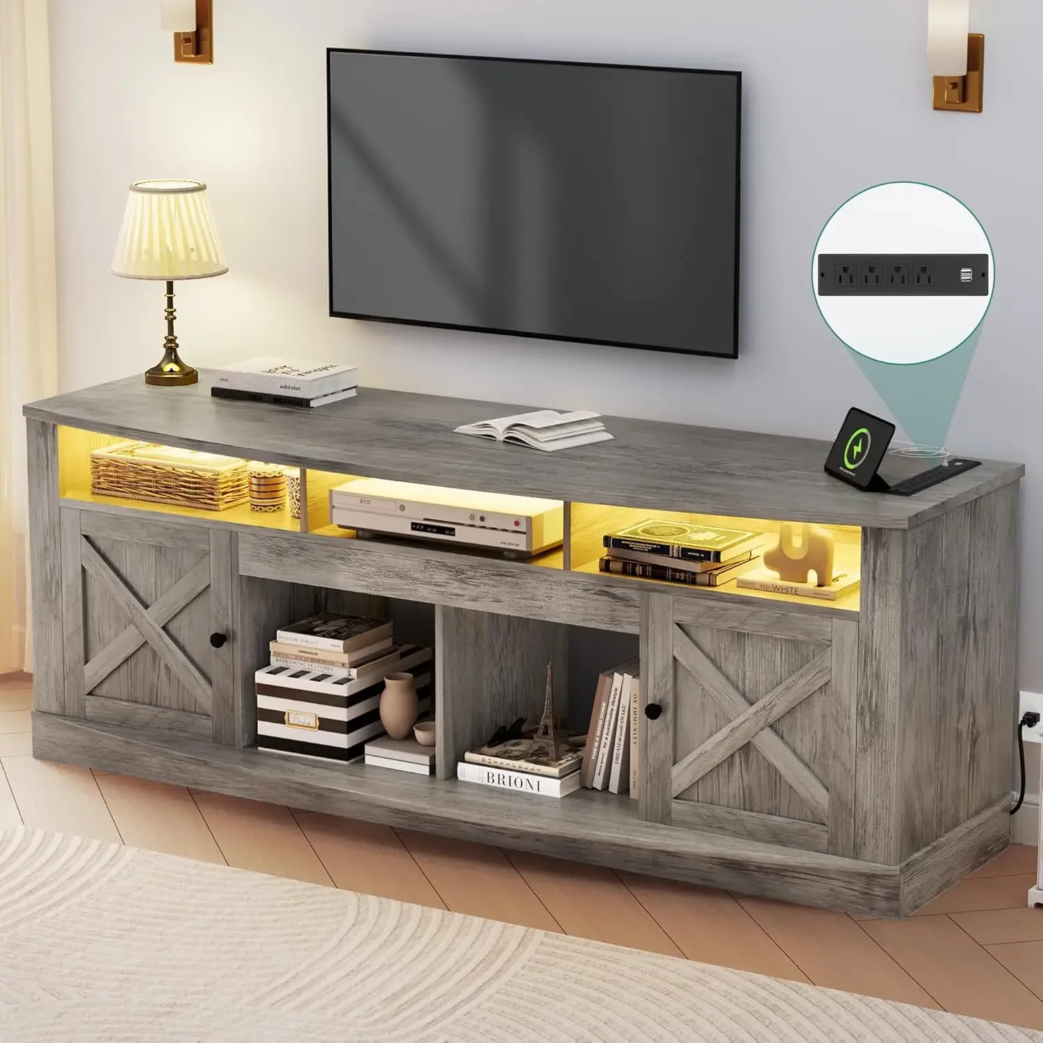 

Farmhouse TV Stand For 75 Inch TVs, Entertainment Center With Power Outlet, TV Table With Barn Doors & LED Light|