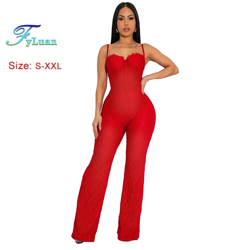 新しいシックな女性のレースノースリーブサスペンダーワイドレッグパンツ無地シアーメッシュセクシーなフォーマルな機会宴会レディースロンパースパンツ