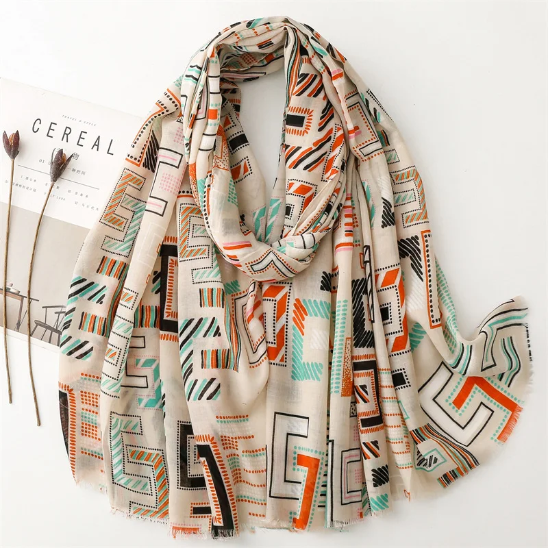 Spain Fashion Geometric Letter Fringe Viscose Shawl Scarf Lady High Quality Wrap Pashmina Stole Bufandas Muslim Hijab 180*90Cm