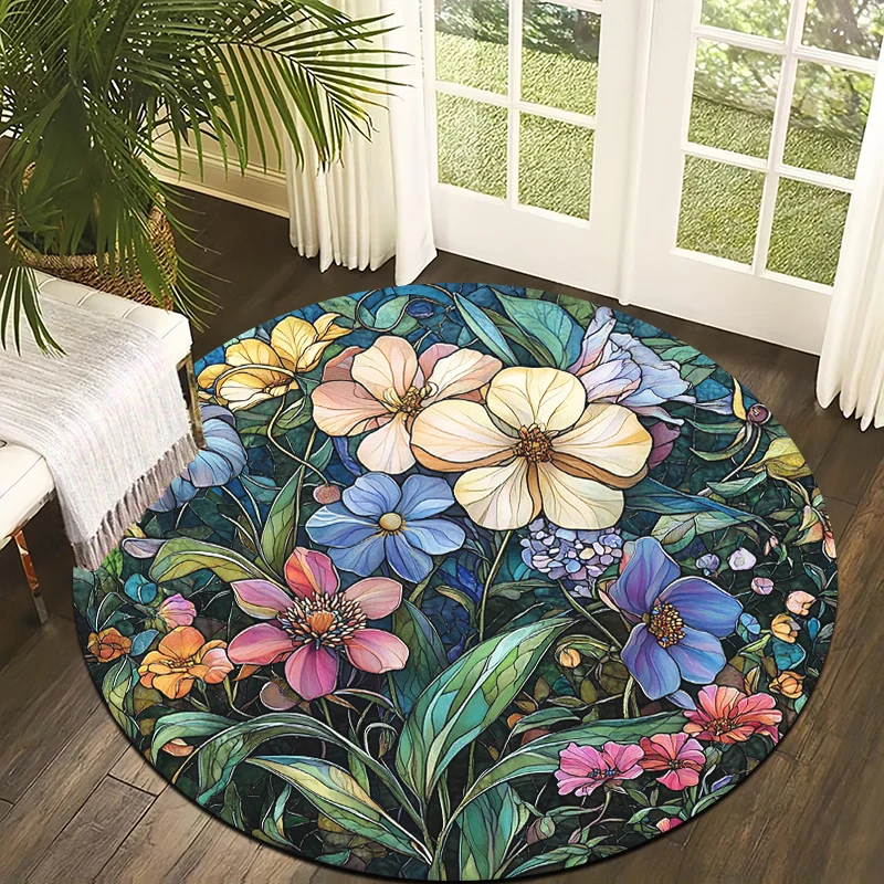 Dark Teal Background Stained Glass Floral Circular Area Rug  Multicolor Blossom Print Anti Slip Round Chair Floor Mat