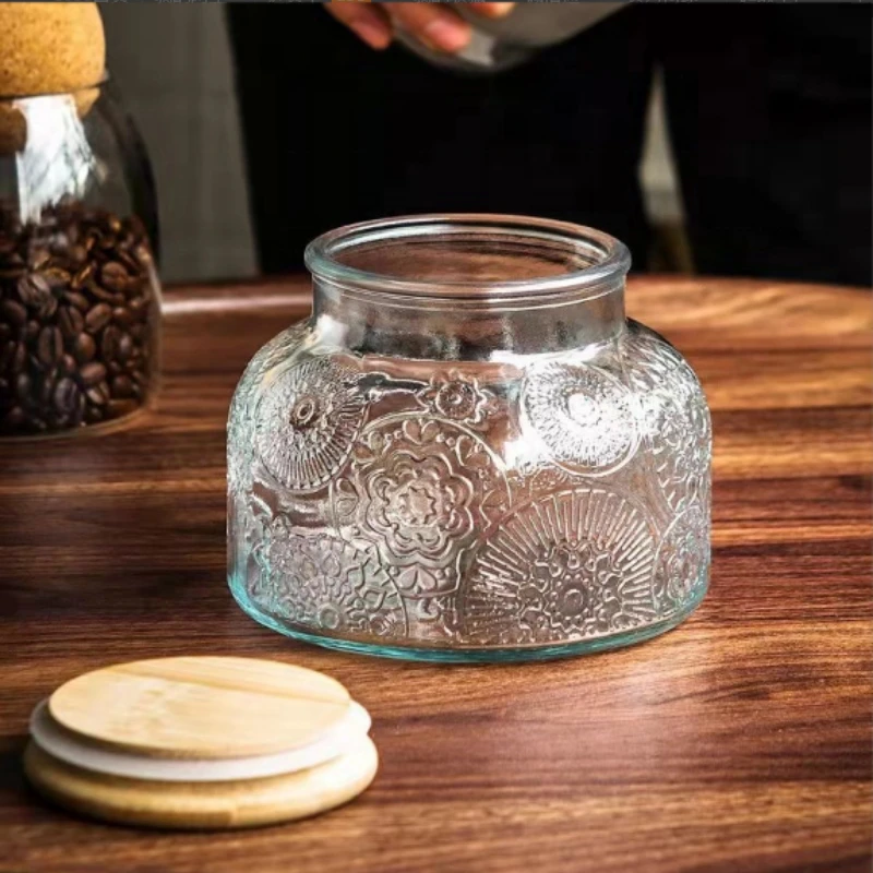 clear kitchen & tabletop embossed glass cookie chinese tea storage jar packaging