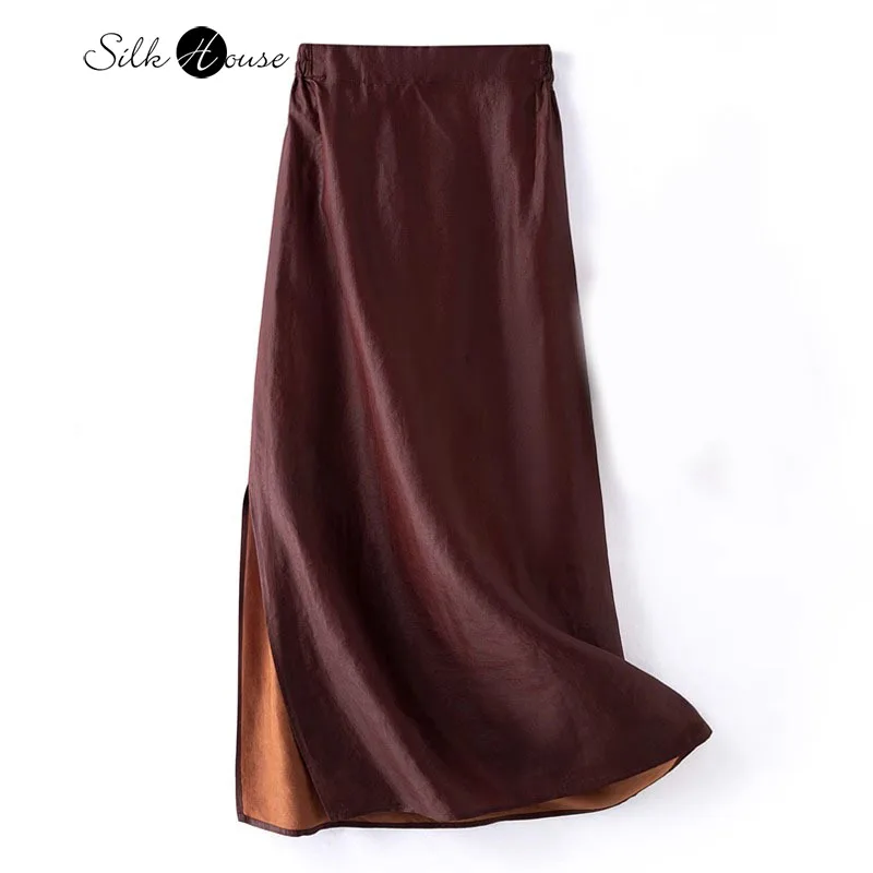 

2025 Women's Fashion Spring New 100% Natural Mulberry Silk Red Cloud Yarn Retro Style Split Straight Tube Skirt