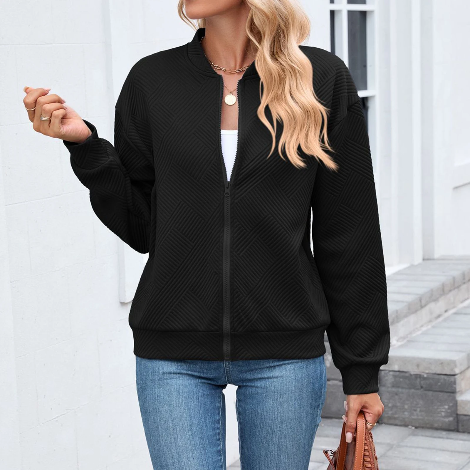 Women s Fall Coat Long Sleeve Full Zip up Baseball Jacket Solid Color Casual Outerwear