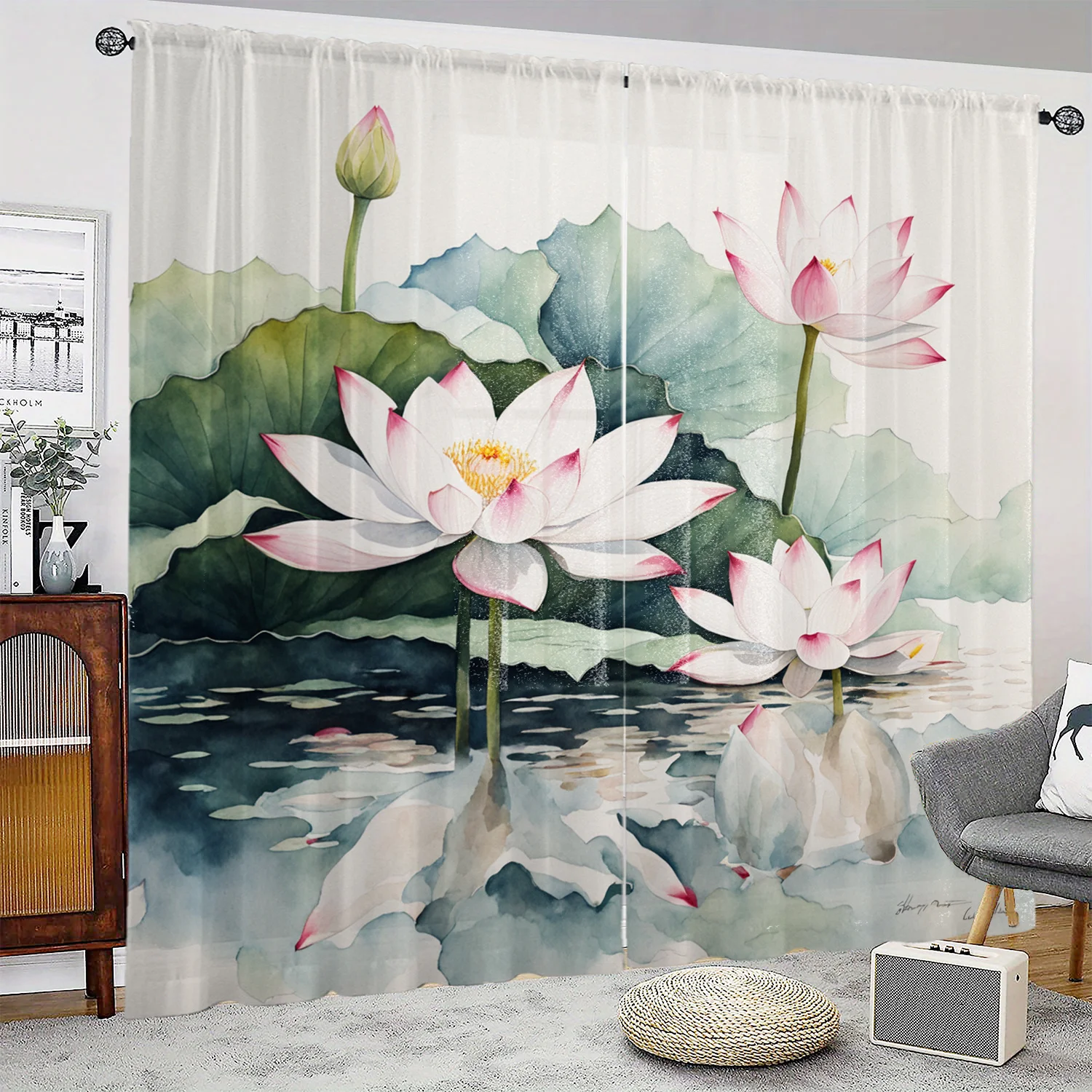 2-Pack HD Digital Window Screen Printing Simulation White for Lotus Curtain, Style Home Decor for Living Room and Bedroom,