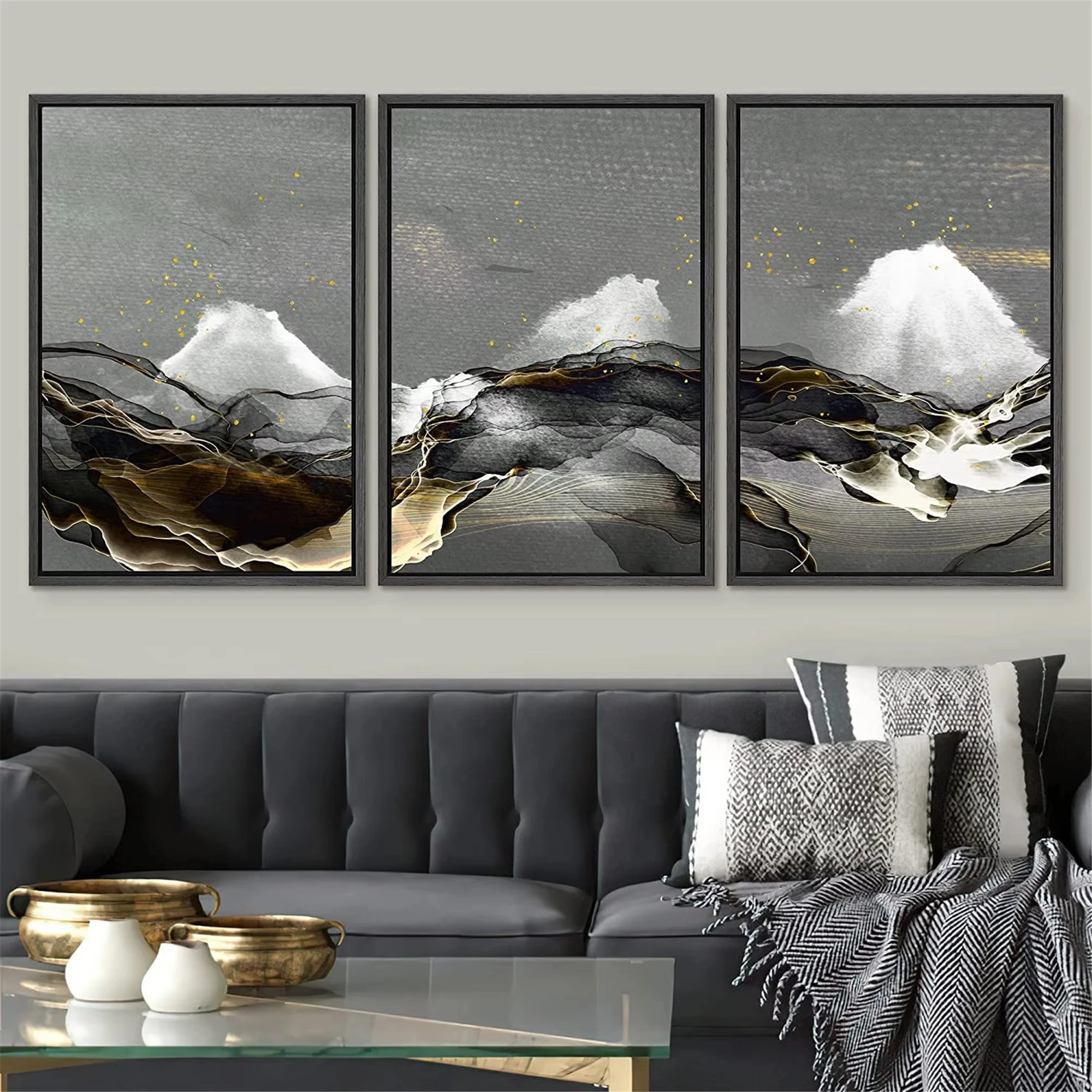 3PCS Frameless,Three Piece Set of Wall Art Powder Color Abstract Geometry Black Gold Smoke Wave Poster Print Modern Living Room