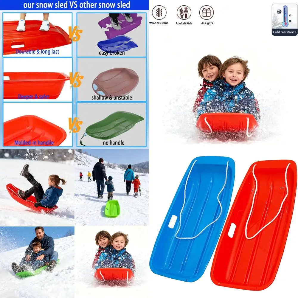 

Durable 35 Inch Snow Sled for Adults and Kids - Flexible, Cold-Resistant Design with Pull Rope and Handles for Winter Fun
