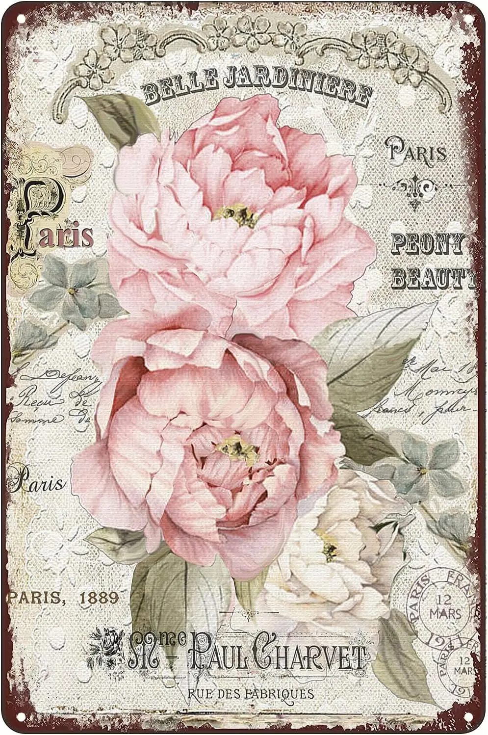 French Paris Floral Rose Flower Poster Vintage Tin Sign Wall Art Plaque Decor for Home Bar Pub Cafe Farm Store Club