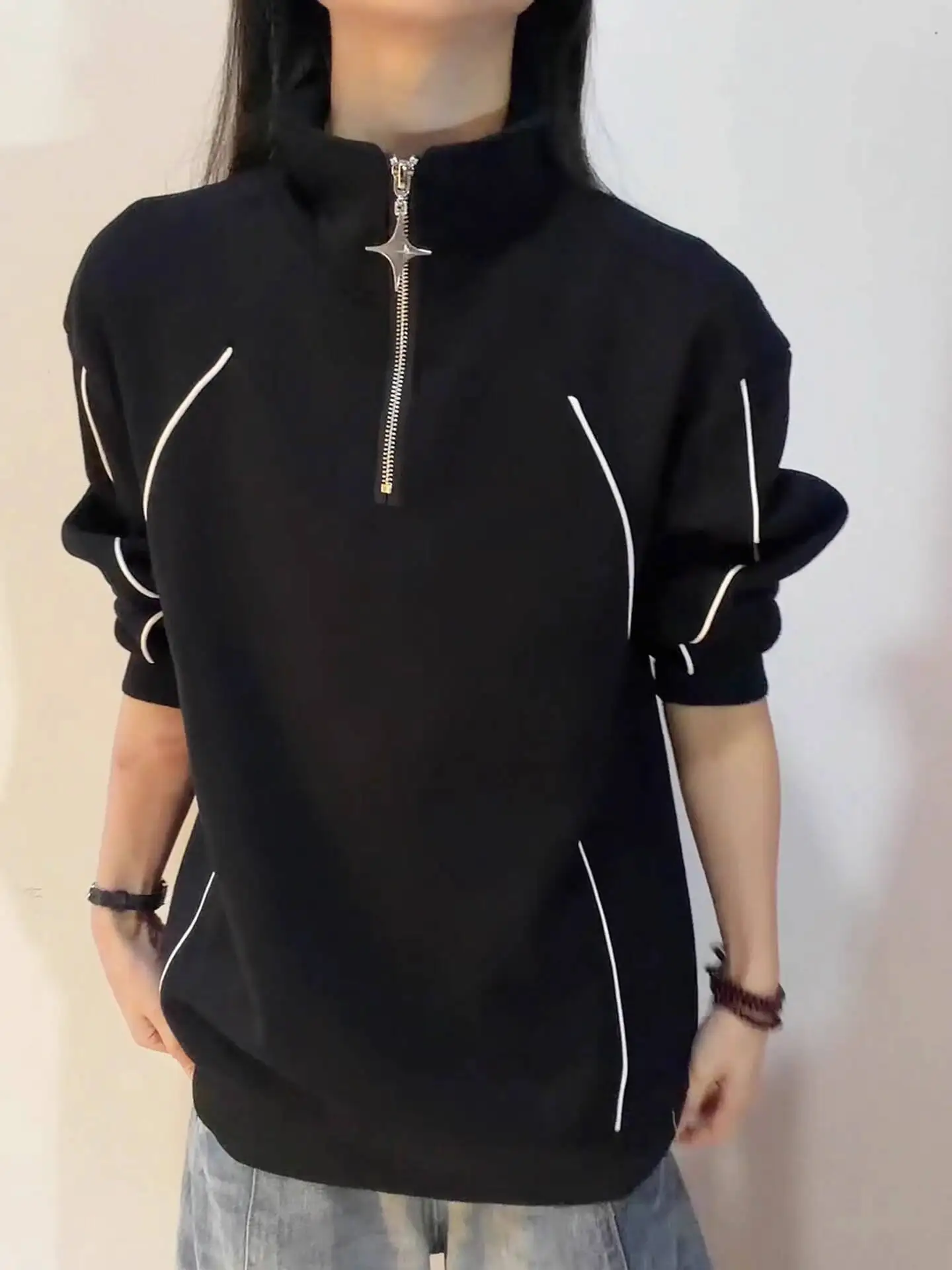 

Unsiex Zip Sweatshirt 2025 Autumn Jacket Black Half Zip Stand Collar Stripe Long Sleeve Sports Sweatshirt