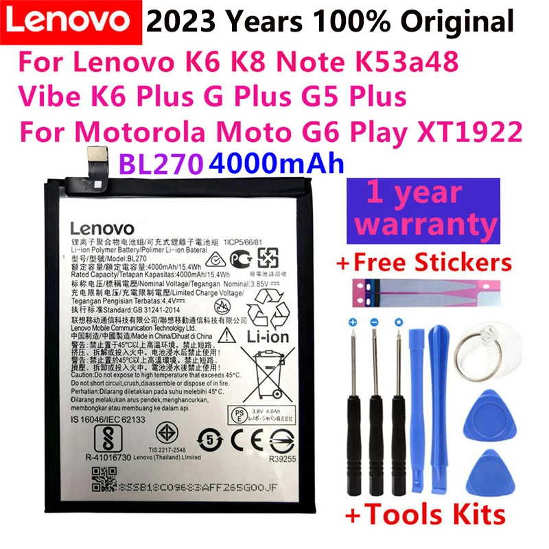 2023 Years 100% Original 4000mAh BL270 Battery For Lenovo K6 K8 Note K53a48 Vibe K6 Plus G Plus G5 Plus G6 Play XT1922 battery