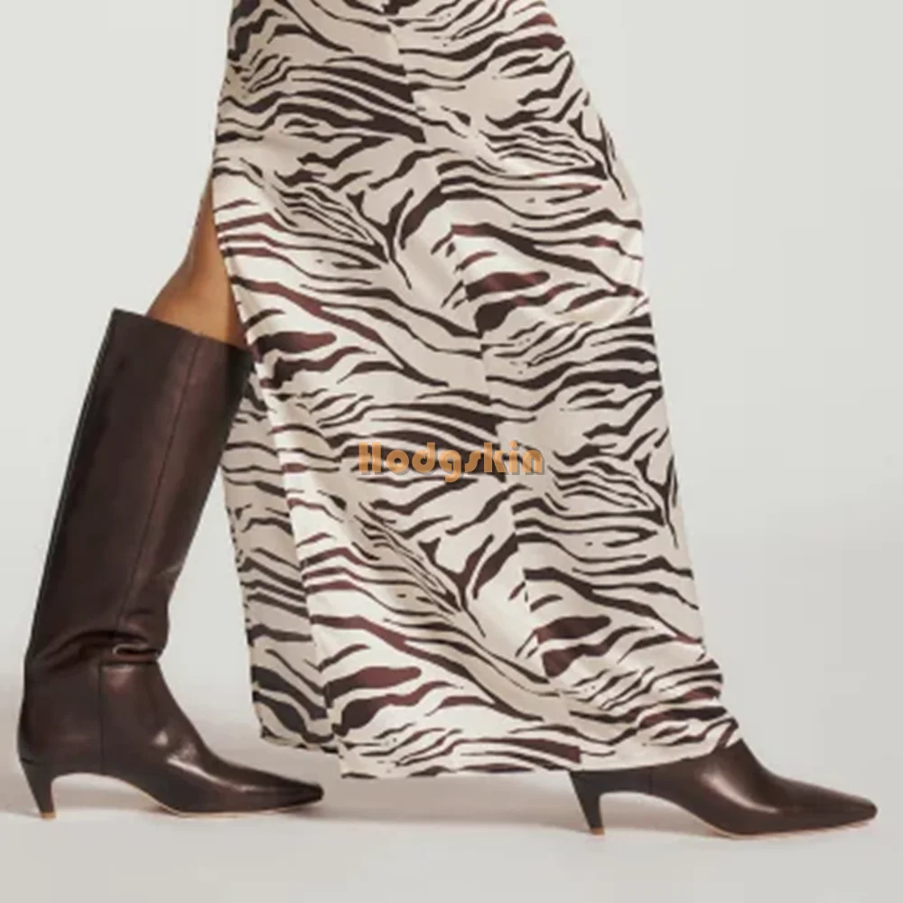 

Retro Stilettos Knee-high Boots Solid Leather Pointed Slip-on Thin Heel Boots 2025 New Fashion Women's Modern Shoes Street Style