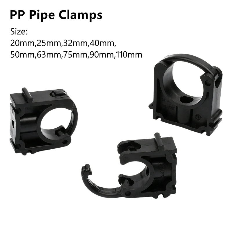 Pipe Clamps Garden Irrigation Tube Bracket Fish Tank Watering Fittings Fixing Joint Blakc PP 20 ~ 110mm 1PC