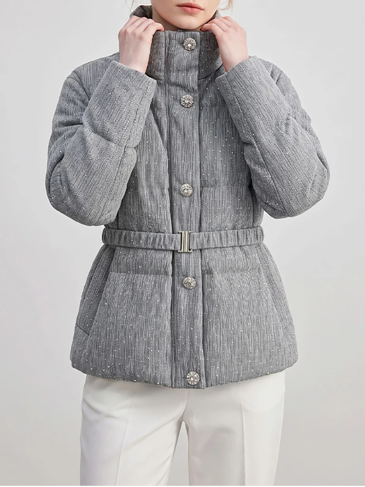 Goose down filled warm down jacket, the new style of autumn/winter 2026 temperament versatile belt slim short ladies down jacket