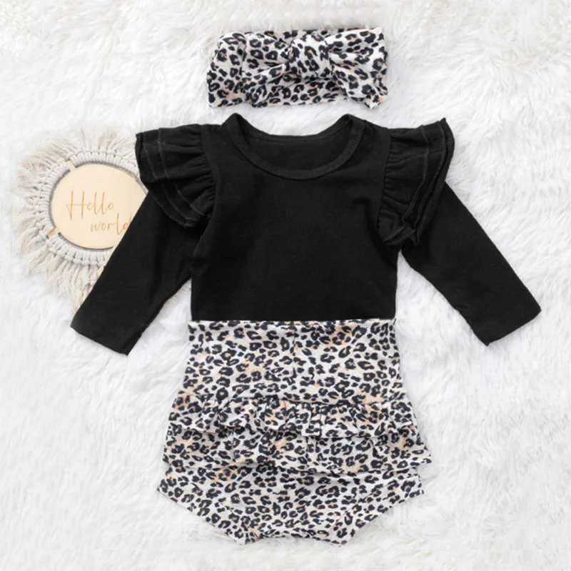 

INS Fashion Outfit for Baby Giirl Solid Jumpsuit with Leopard Print Skirt Shorts Infant Daily Leisure Clothes Toddler Set Suit