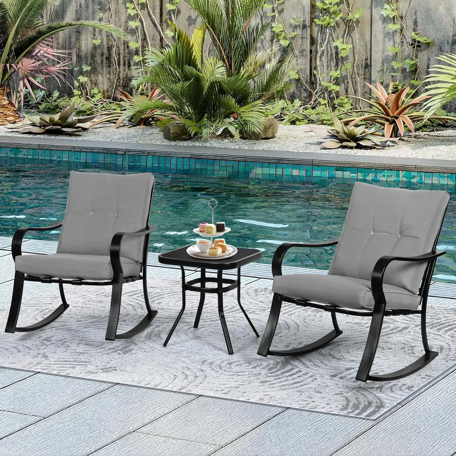 new 3 Piece Patio Bistro Set Outdoor Rocking Chairs Set, Porch Patio Conversation Chairs Set of 2 with Glass-Top Coffee, Customi
