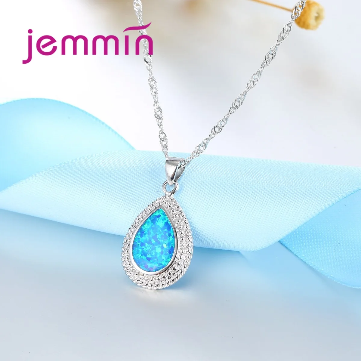 Shiny Water Drop Design Pendant Necklace Blue Fire Opal 925 Sterling Silver  Jewelry Fahion Women Chain Necklace