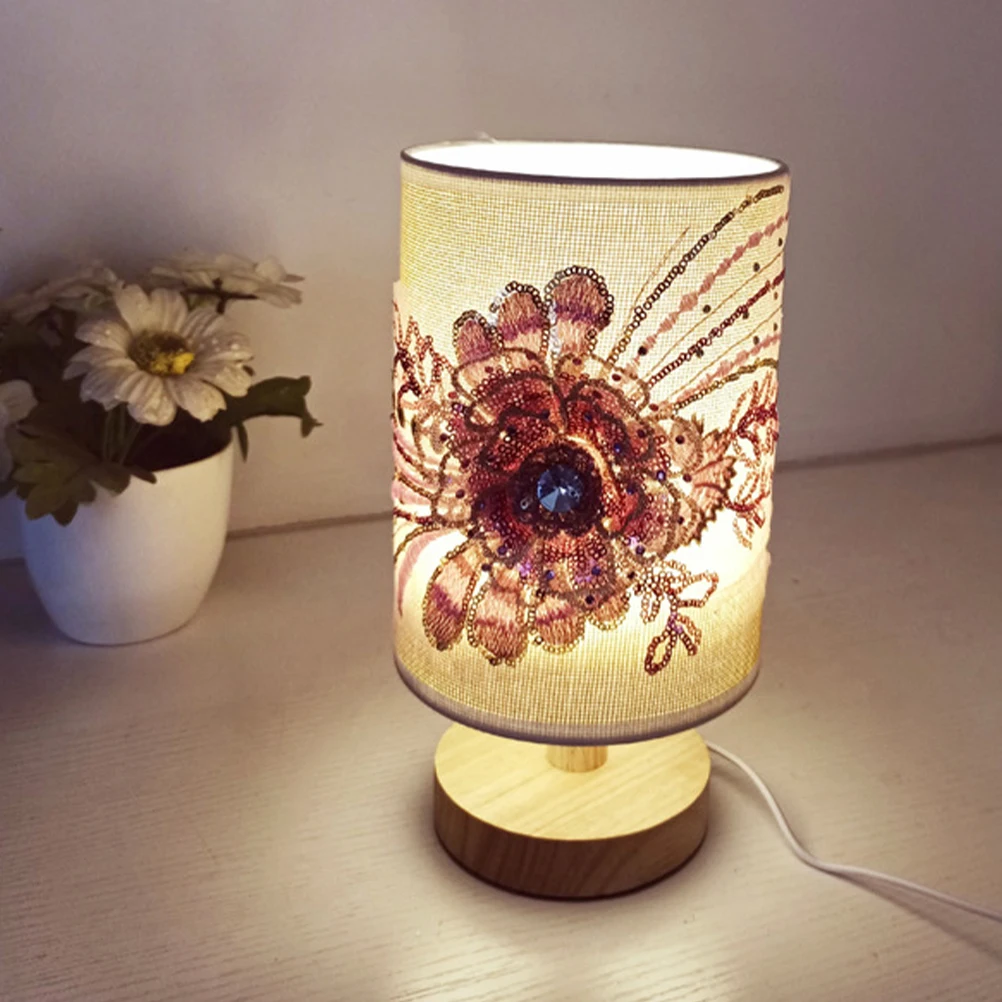 Fabric Flower Lamp Bedroom Light Nightst Cloth Small 3D Design Table Light LED USB Plug Wood Decor