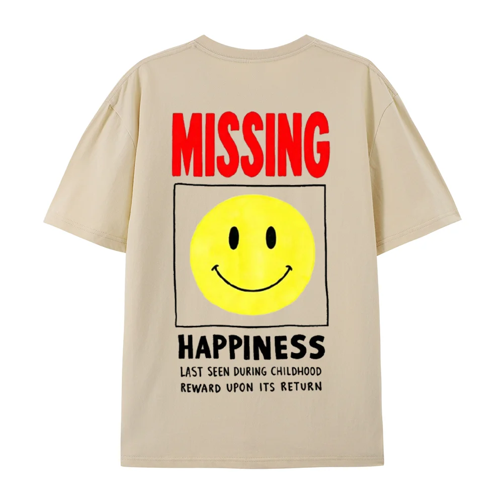 Missing Happiness Back Print T‑Shirt Unisex Funny Smile Face Graphic Short Sleeve Tee Casual Loose Streetwear Cotton Daily Tops