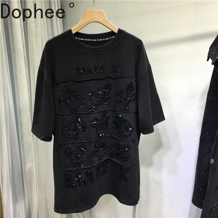 

Черная футболка высокого качества с вышивкой и блестками Микки с короткими рукавами, осень-зима, пуловер большого размера, топ средней длины, хлопковые базовые футболки