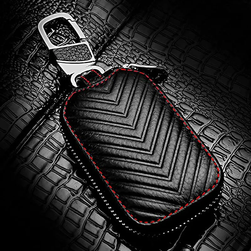 10pc Universal Key Fob Cover Car Key Case Key Fob Protector Genuine Leather Car Keychain Holder Metal Hook Key Ring Zipper Bag