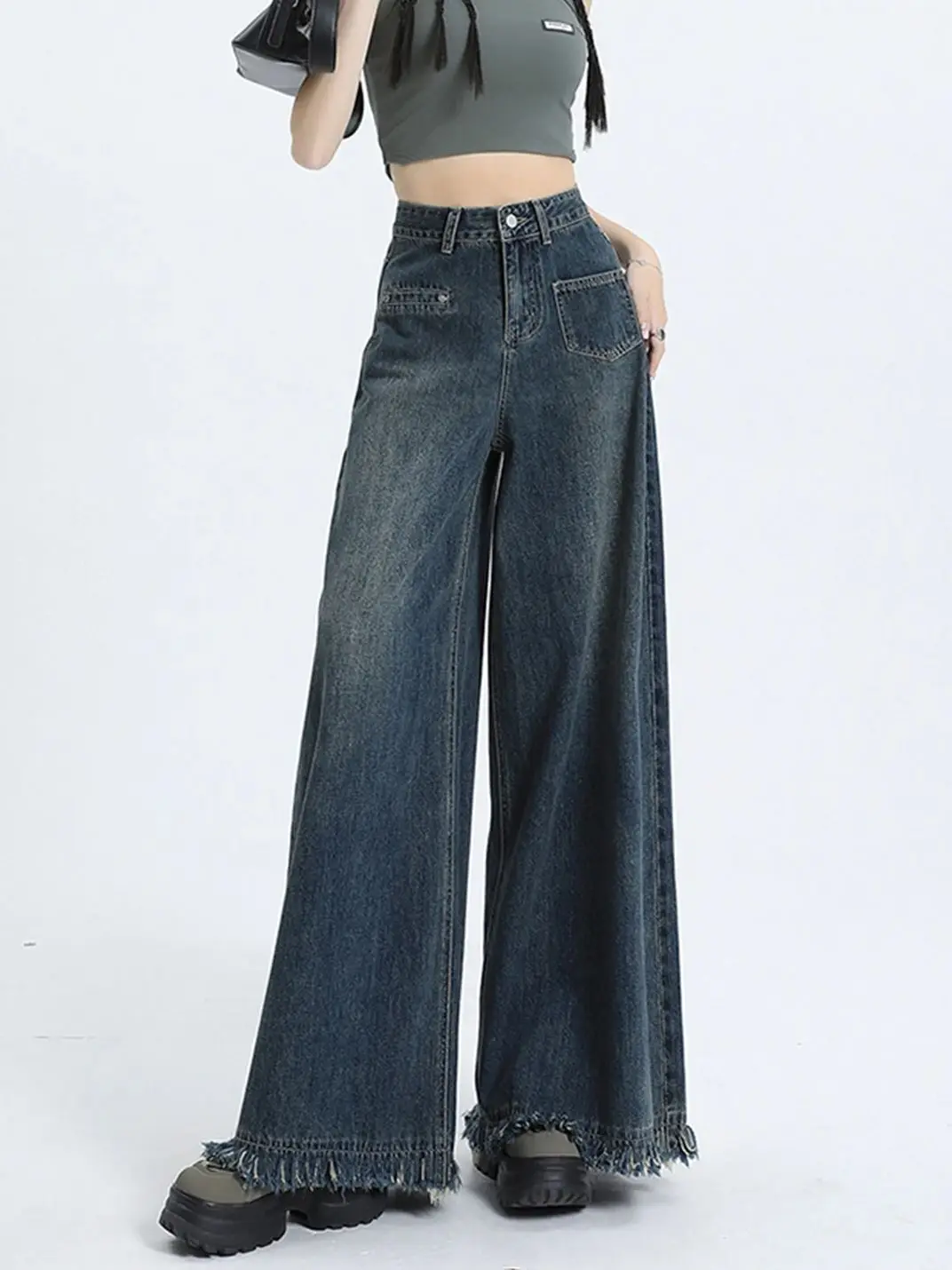 

2024 Spring Autumn Women Tassel Edge Wide Leg Jeans Trendy High Waisted Denim Pants Unisex Vintage Wide Leg Streetwear Trouser