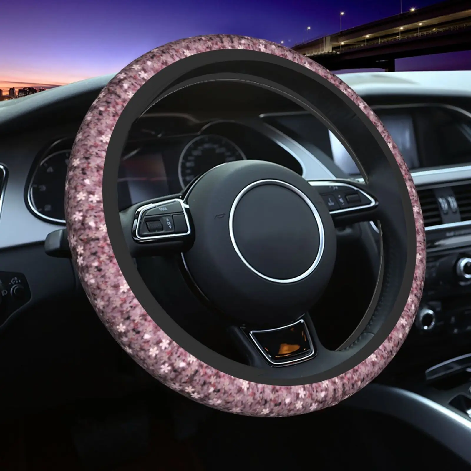 Pink Cherry Blossom Print Car Steering Wheel Cover Breathable Car Covers Suite Fashion Steering Cover for 14.5-15Inches