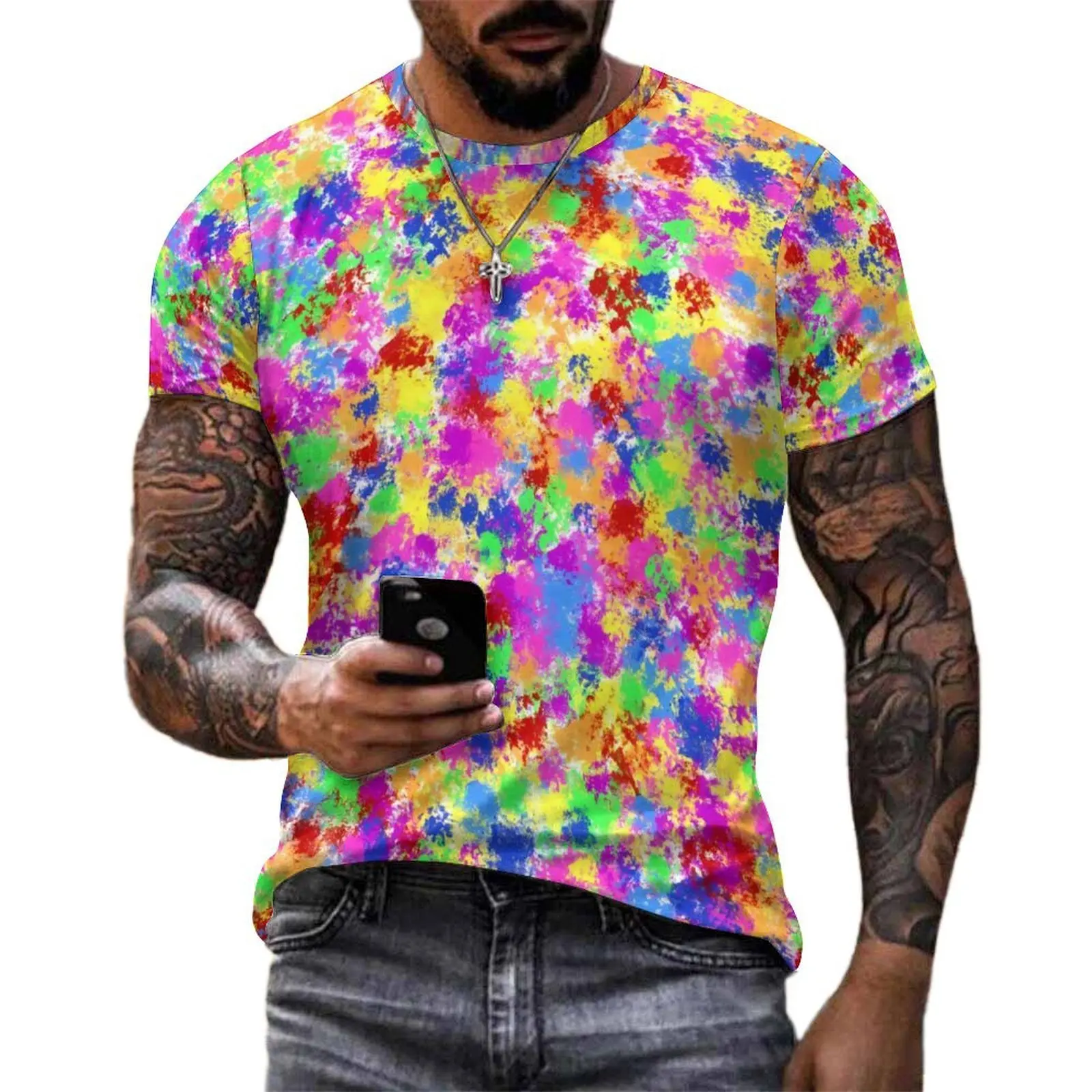 Trendy Neon Paint T Shirt Rainbow Splash Basic T-Shirts O-Neck Hip Hop Tee Shirt Summer Couple Graphic Clothes Large Size