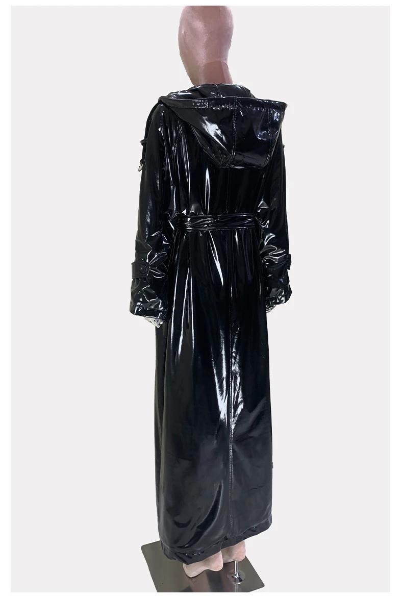 Nerazzurri Autumn Extra Long Shiny Black Soft Patent Pu Leather Trench Coat for Women with Hood Double Breasted European Fashion
