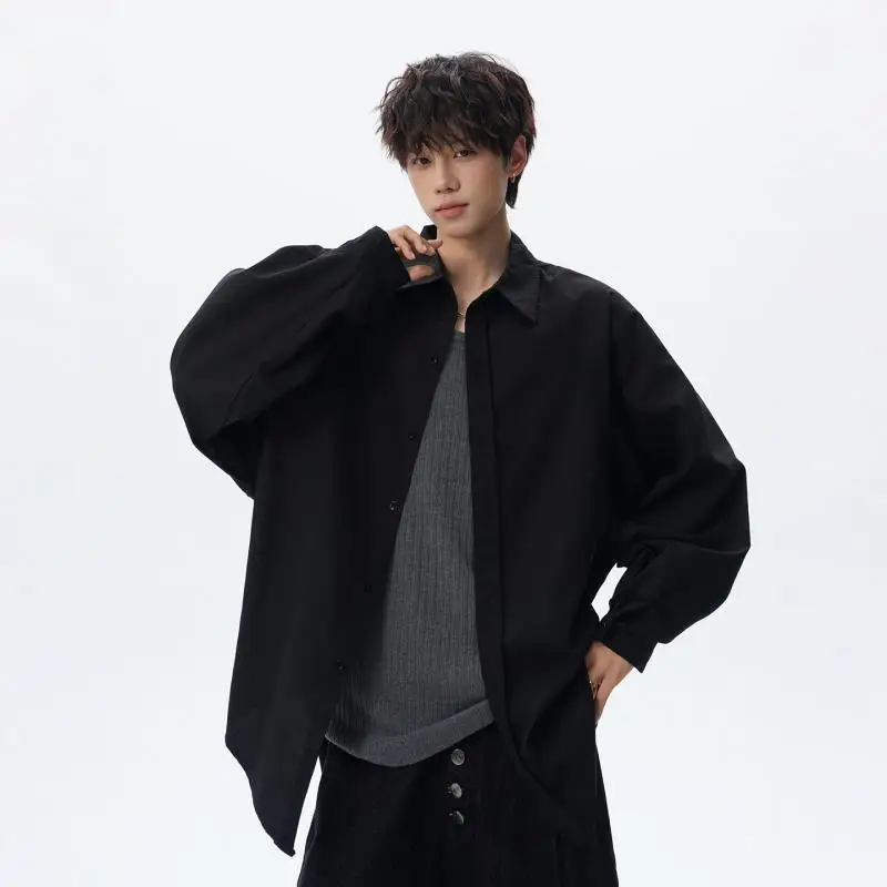 Men's White Black Raglan Long Sleeve Shirt Oversized Button Down Casual Streetwear Loose Fit Top Korean Style 2026 Clothing