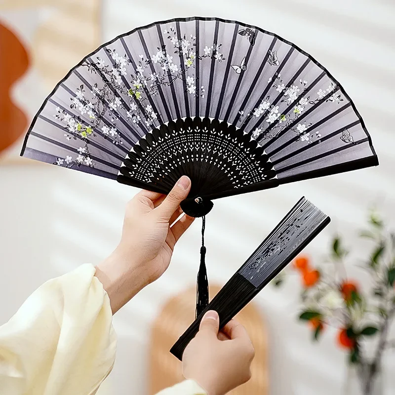 Chinese Style Folding Hand Fan High Quality Large 33cm Japanese Vintage 13 inch Fold Fan Traditional Crane with Ribbon for Hanfu