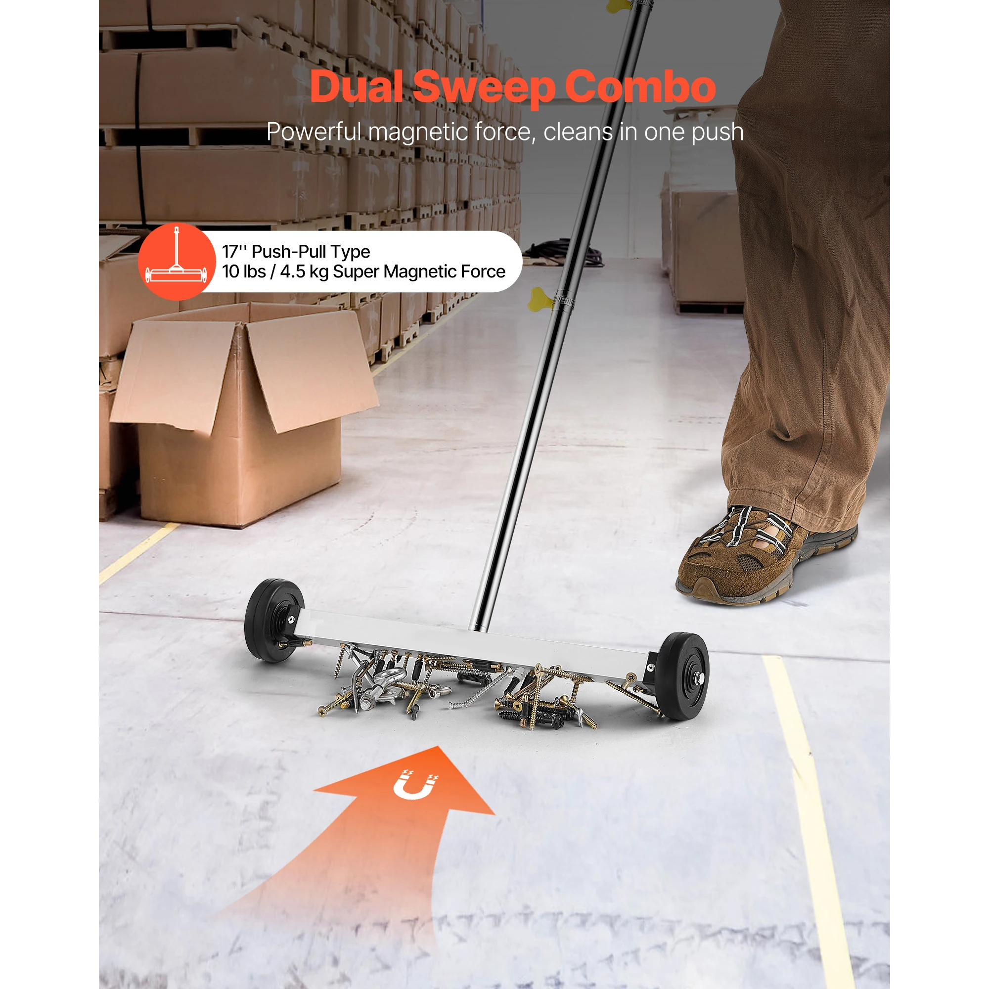 SucceBuy Magnetic Sweeper with Wheels 17 inch 10 lbs Load Capacity with Adjustable Handle, Pick Up Nails and Screws for Garages