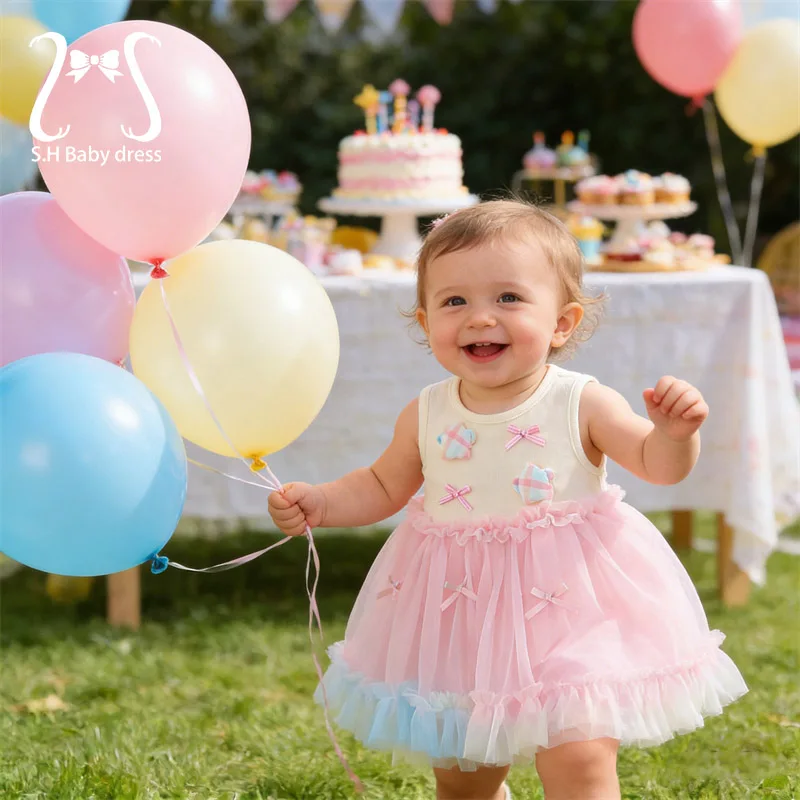 

Летнее милое клетчатое платье-пачка с бантом для маленьких девочек, детский светло-розовый сарафан без рукавов из фатина, праздничный наряд для малышей 0-4 лет, одежда для младенцев