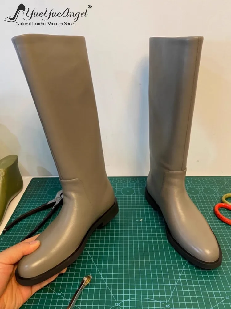 Designer Elegant Woman Winter New Genuine Leather Comfortable Low Heel Solid Color Knee High Knight Boots Fashion Ladies Shoes