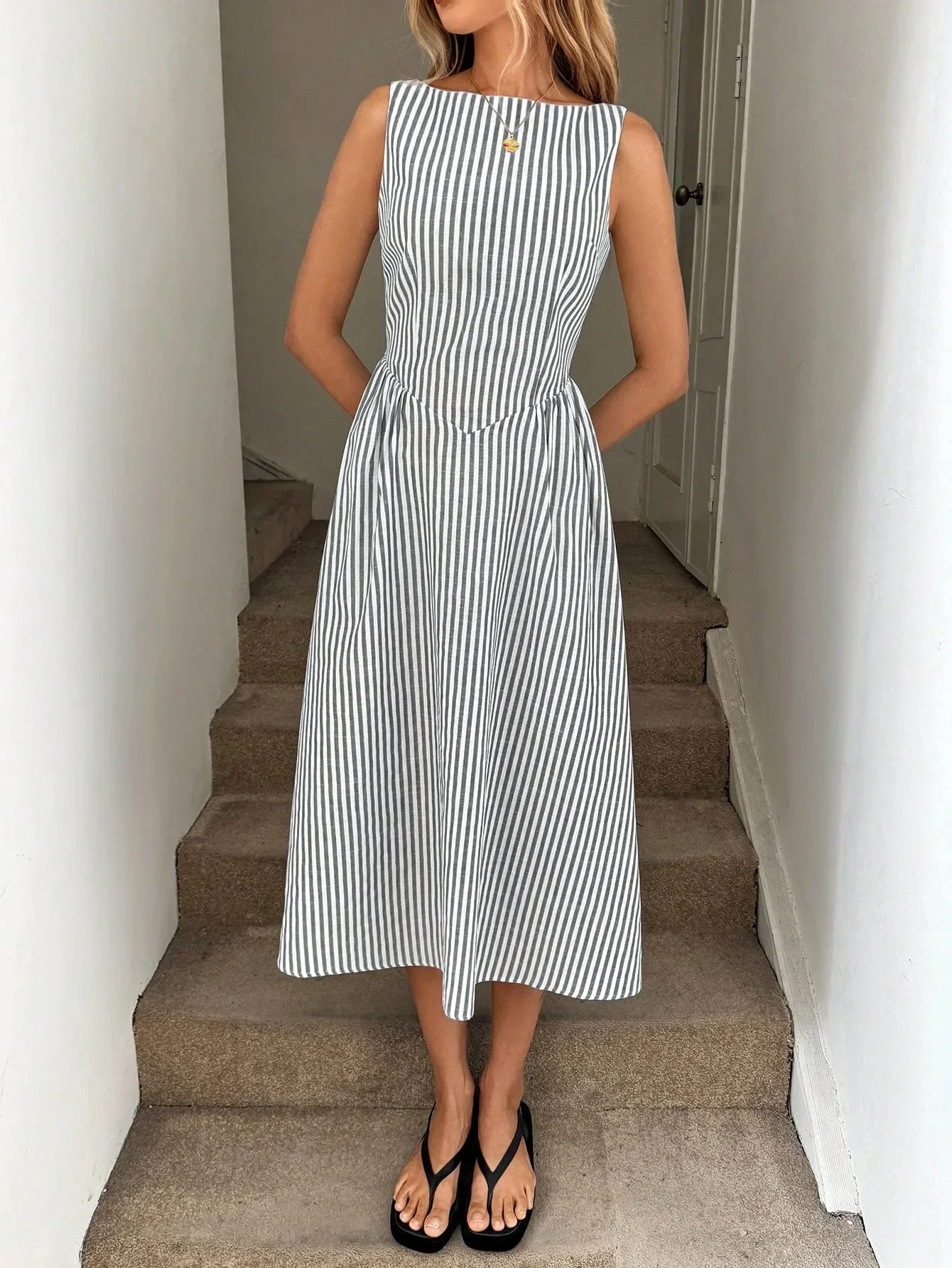 Neues Y2K Sommer-Urlaubskleid aus Leinen für Damen, ärmellos, vertikal gestreift, hohe Taille, A-Linie, Midi, lässiges Swing-Kleid mit Taschen – Detail 17