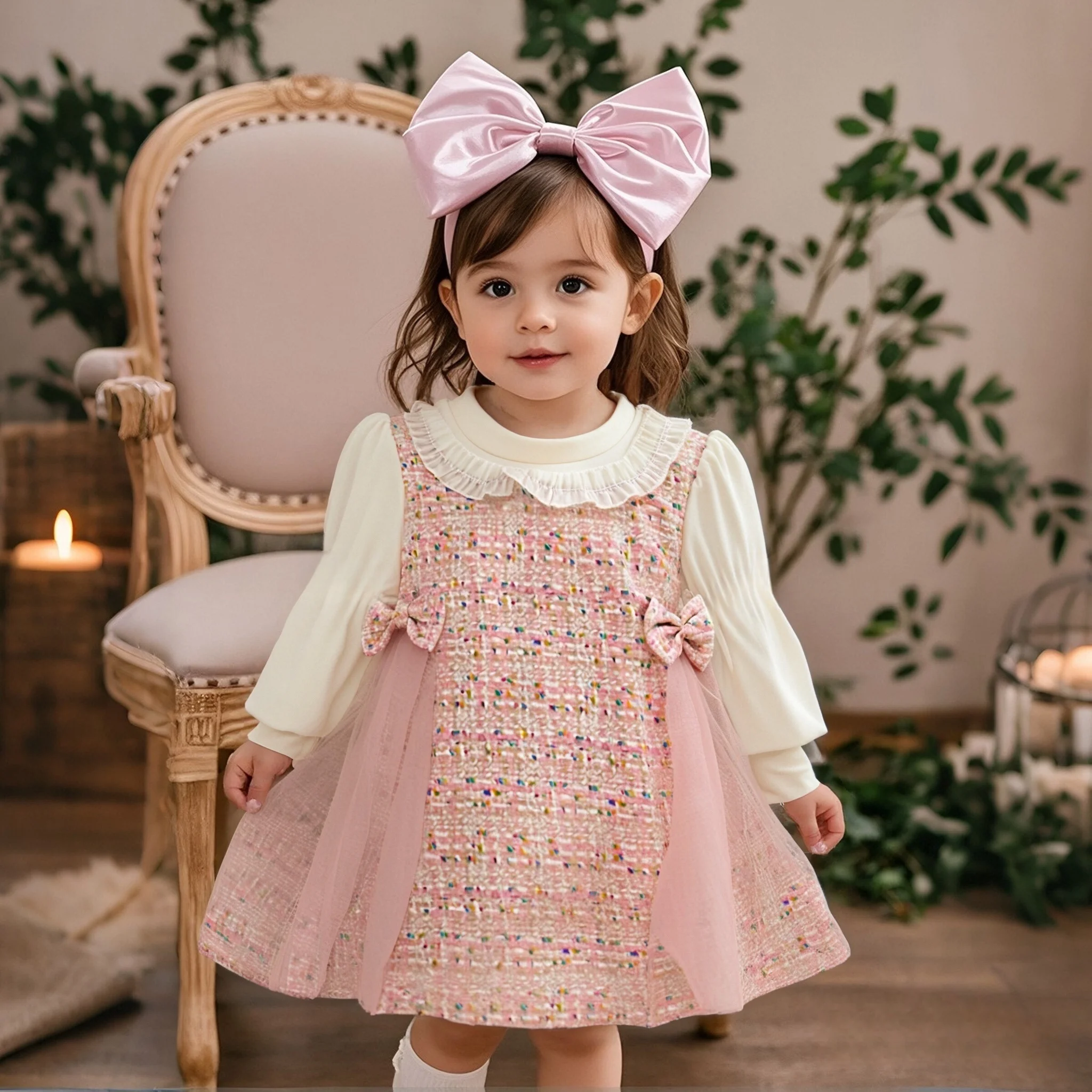 

Casual Dresses For Girls Summer New Long Sleeve Baby Girl Clothing Checkered Mesh Sweet Bow Ruffle Baby Dresses