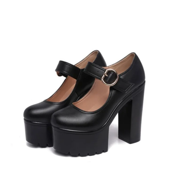 

Women Small Size 32-43 Shallow Soft Leather Women's Platform Pumps Block High Heels Shoes Office Model Wedding Mom
