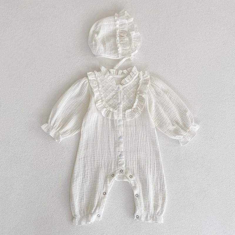 

Осенние однотонные кружевные комбинезоны с длинными рукавами для маленьких девочек + шапка, одежда для новорожденных девочек 0-2 лет, комбинезоны