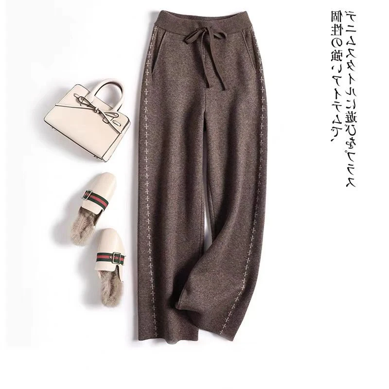 MEXZT Elegant Knitted Wide Leg Pants Women Thicken High Waist Print Straight Trousers Korean Baggy Casual Ankle-Length Pants New