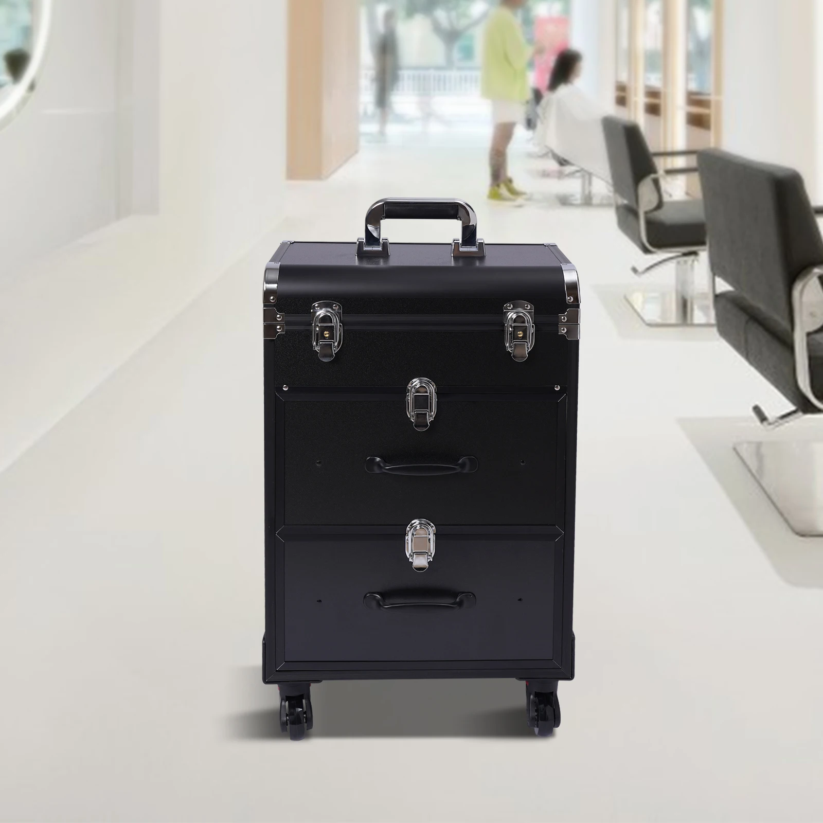 

Трехслойный косметический чемодан на колесах с алюминиевой рамой, замками, универсальными колесами, выдвижной ручкой и большой вместимостью