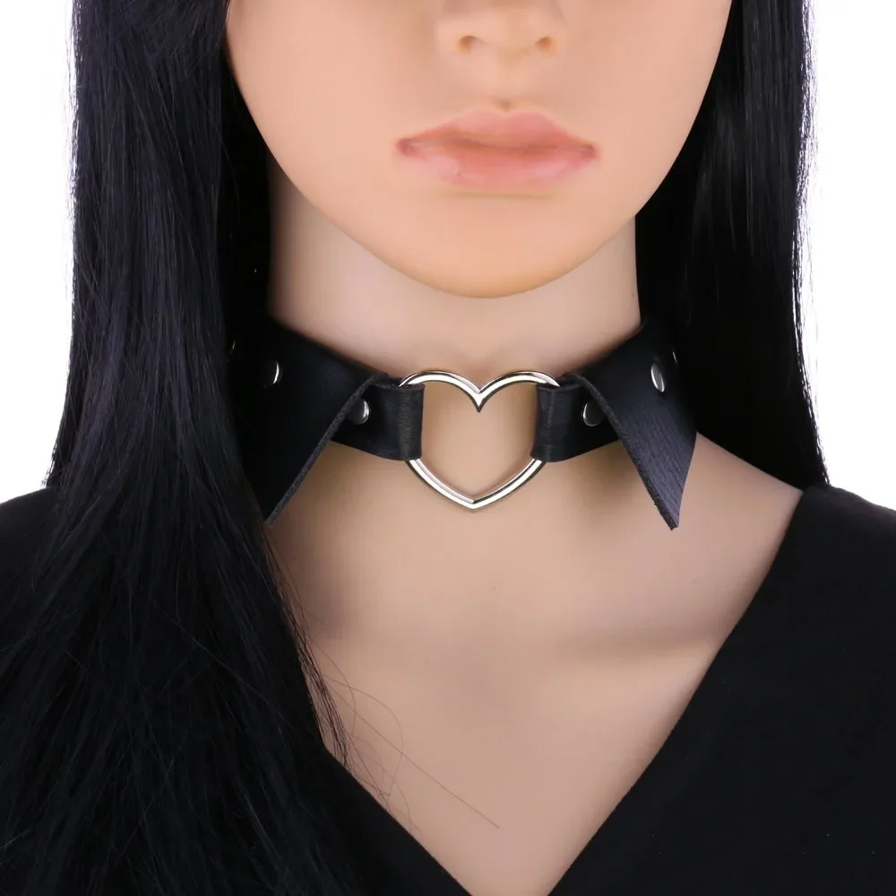 Punk Gothic  Official Collar style Heart shape Necklace Multicolored Leather Stainless steel Clavicle chain Retro Temperament