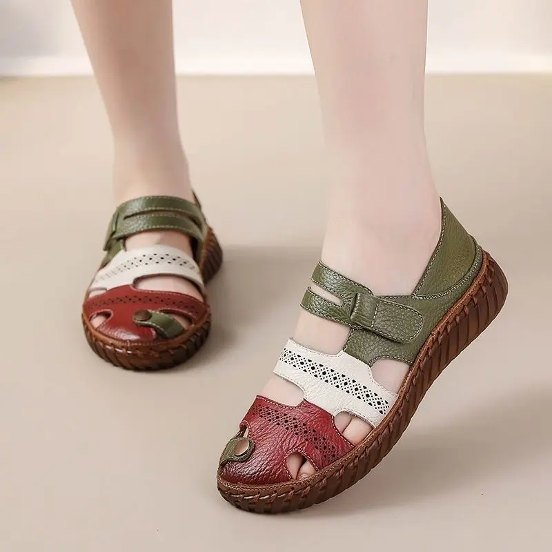 Plus Size 35-43 New Handmade Patchwork Sandals Woman Genuine Leather Summer Sneakers Retro Oxford Sandals Closed Toe With Button