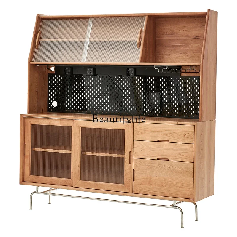 

yj5Nordic solid wood dining side cabinet Japanese cherry wood living room storage home kitchen wall wine cabinet