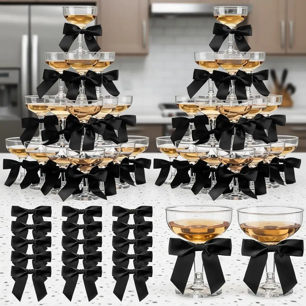 

Set Champagne Tower Glasses 5 oz with Satin Ribbon Bows 3.5 Inch Plastic Margarita Glasses for Party Wedding