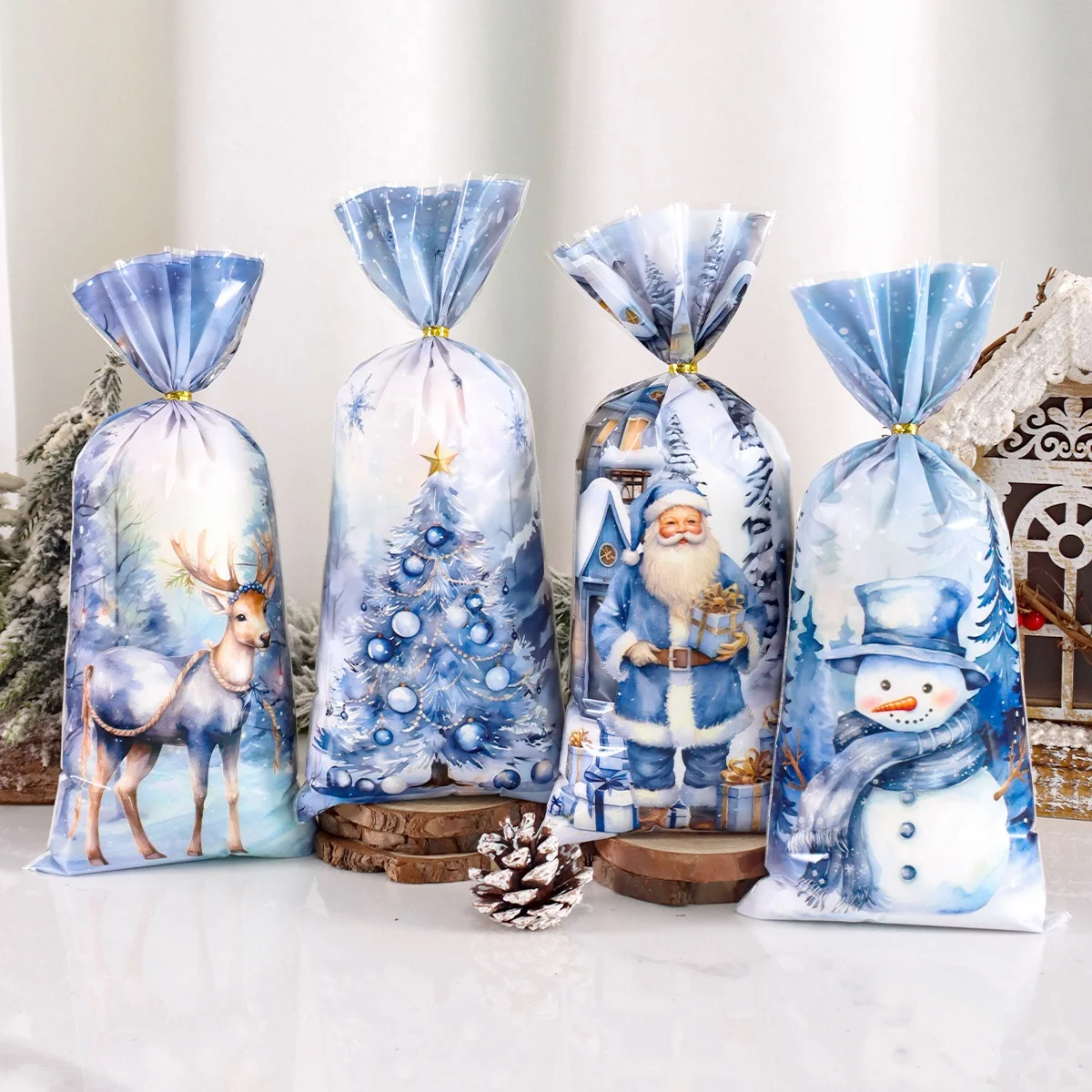 25/50/100 قطعة أكياس حلوى عيد الميلاد الزرقاء سانتا شجرة عيد الميلاد هدية التعبئة والتغليف حقيبة الشتاء عطلة زينة عيد الميلاد 2025 نافيداد نويل